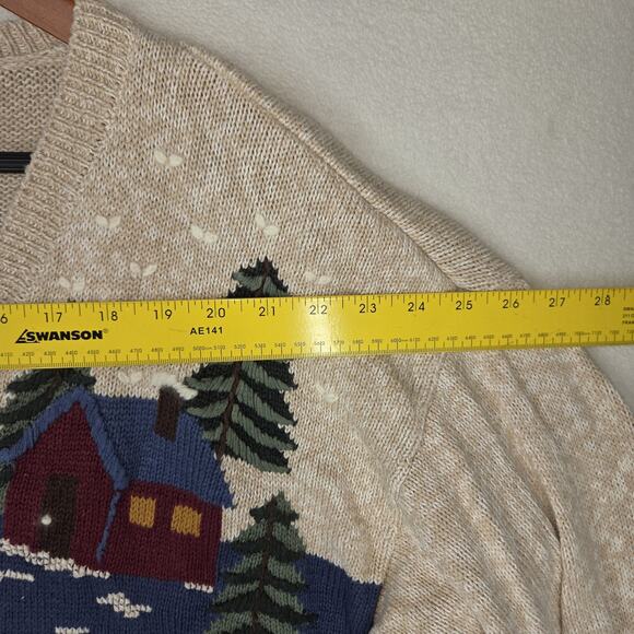 Vintage Sweater Nut Cracker Cardigan XL Beige Christmas Party Deer Forest Cabin - Picture 6 of 11